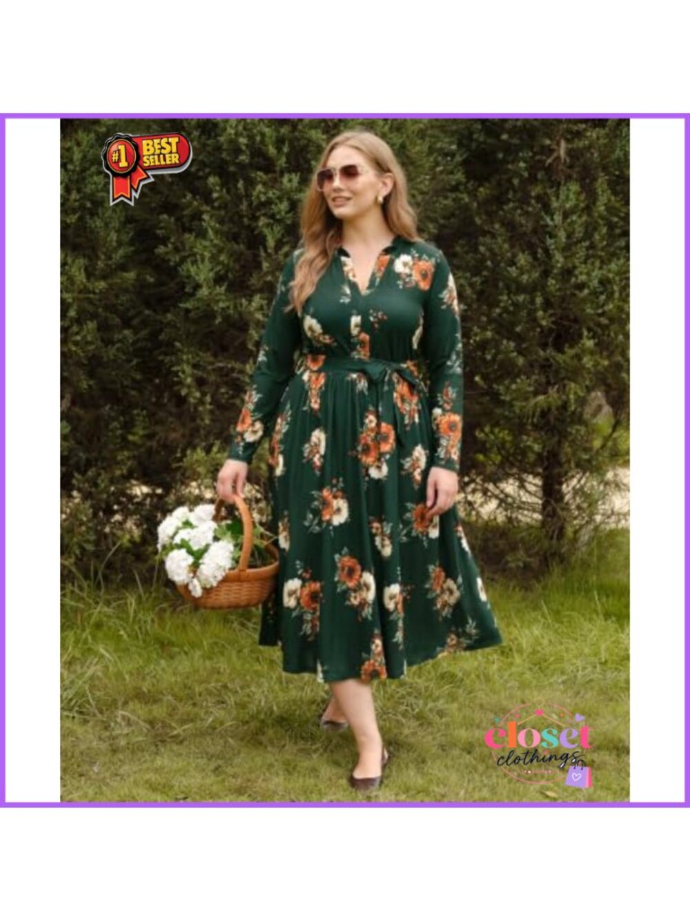 Plus Size Floral Wrap Midi Dress Long Sleeve V Neck Tie Waist Pockets